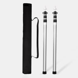 A set of two adjustable aluminium camping tarp poles in a black carrying bag. Each pole features black and white fittings.