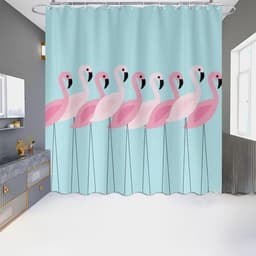 A polyester bathroom curtain featuring pink flamingos on a light blue background. The curtain has a modern design and a chrome ring.