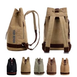 A canvas drawstring backpack in beige with brown accents, featuring adjustable straps and a logo. Available in multiple colours.