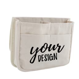A beige hanging organiser with multiple pockets and a logo, designed for car seats.