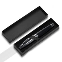A sleek metal ballpoint pen with a matte black handle, presented in a black box. It features a logo.