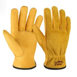 A pair of yellow leather gardening work gloves with a textured palm and an area for custom design.