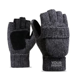 Wool fingerless pop-top gloves in dark grey, featuring a textured knit design and a logo on the palm area.