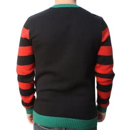 A black sweater with red and green stripes on the sleeves, featuring a ribbed green neckline and hem.