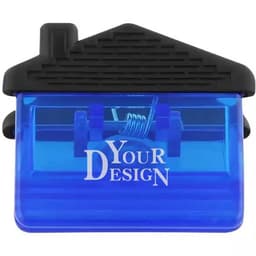 A blue magnetic memo clip shaped like a house, with a black roof and space for custom design.
