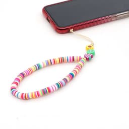 A colourful beaded mobile phone charm featuring vibrant beads in pink, yellow, green, and blue, attached to a phone.