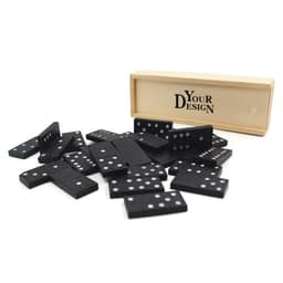 A custom dominoes set featuring black dominoes with white dots, presented in a wooden box with branding.