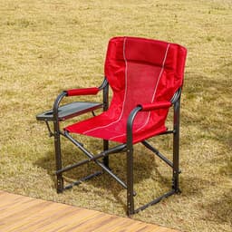 A red camping chair with a side table and bottle holder, featuring a sturdy metal frame.