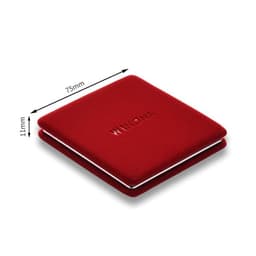 A red folding square pocket mirror with a logo, measuring 75mm by 11mm when closed.