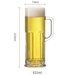 A 21 oz. glass beer mug filled with yellow beer and topped with a frothy foam, featuring a clear handle.