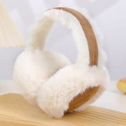 Personalized winter earmuffs in soft white faux fur with a brown strap, featuring a simple design and a logo.