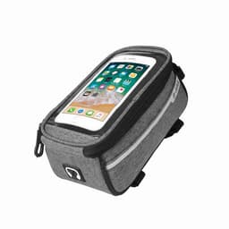 A grey bike top tube bag with a transparent phone holder on top, featuring a zip closure and fastening straps.