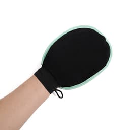 A pair of bath exfoliating gloves featuring a black mesh body and mint green trim.