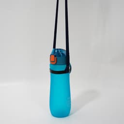 A drink bottle in vibrant blue with a teal lid and a black sling carrier attached.