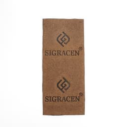 A rectangular brown coir doormat featuring a logo printed in black on both ends.