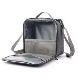 A grey insulated lunch bag with a spacious interior and a front pocket, featuring a zipper and shoulder strap.