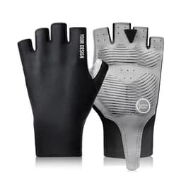 Half finger cycling gloves in black and grey, featuring a textured palm and a logo. Designed for comfort and grip.