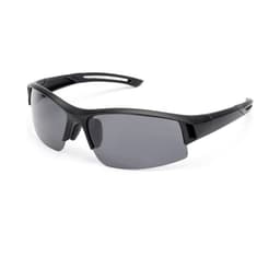A pair of black outdoor riding glasses with grey lenses and a sporty design, featuring a logo.
