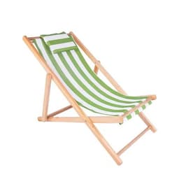 A foldable outdoor beach chair with green and white stripes and a wooden frame. It features a headrest and a logo.