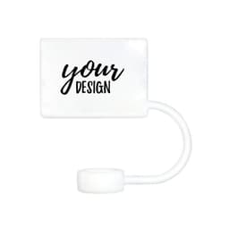 A silicone straw cover cap in white, featuring a design area and a connecting straw holder. It has a logo.