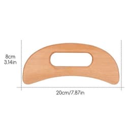 A custom wooden guasha board in a light, natural wood finish, featuring a handle and measuring 20 cm by 8 cm.