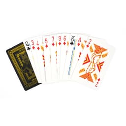 A set of playing cards featuring a black core design, with red and white patterns, and a black card at the back.