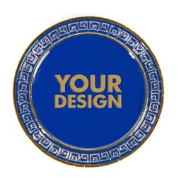 A round plate with a blue background, featuring a decorative gold border and space for a custom design.