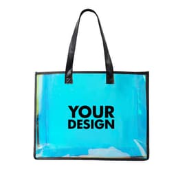 A holographic beach tote bag with a transparent aqua body and black handles, featuring a logo on the front.