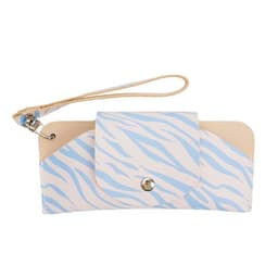 A portable eyewear pouch in cream and light blue with a striped pattern and a wrist strap. It features a clasp closure.