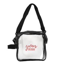 A clear PVC crossbody bag with a black strap and a white insert displaying a design. It has a logo on the front.