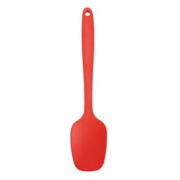 A red silicone spoon with a long handle, designed for high heat cooking, featuring a simple design.