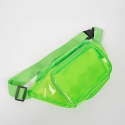 A clear fanny pack in bright green with a zippered compartment and an adjustable strap.