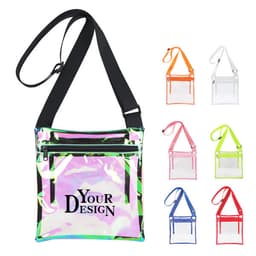 A holographic clear crossbody bag with a black strap, featuring multiple colour variations in the background.