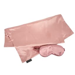 A satin pillowcase in rose pink paired with a matching sleep mask. The set features a logo on the mask.
