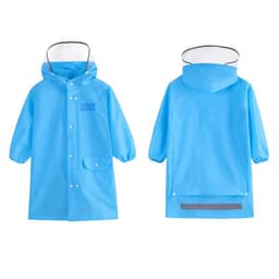 A blue custom EVA kids raincoat with a hood, featuring a branding logo and a reflective strip on the back.