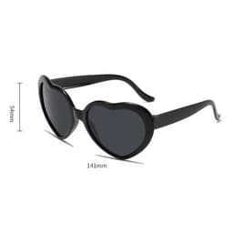 Heart-shaped sunglasses in black with dark lenses, featuring a branded logo. Dimensions: 141mm wide, 54mm high.