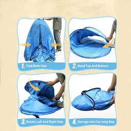 A portable beach tent in blue, illustrating step-by-step folding and storing instructions, with a logo present.