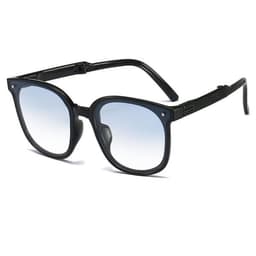 A pair of black custom polarized folding sunglasses with a gradient blue lens, featuring a logo on the frame.