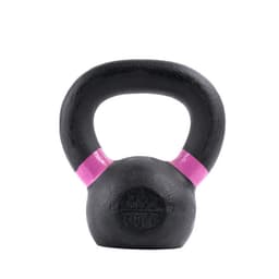A 4kg iron kettlebell in black with a pink handle, featuring a logo on the side.