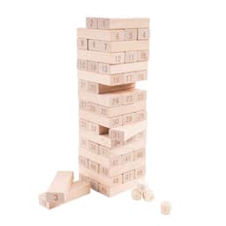 A wooden tumbling tower game with numbered blocks in a natural wood finish, stacked in various positions.