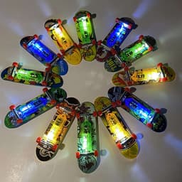 A collection of mini finger skateboards in various colours, featuring light-up designs arranged in a circular pattern.