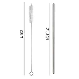 A reusable stainless steel straw set featuring two stainless steel straws and a cleaning brush in silver.