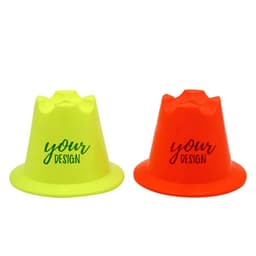 A football training sign bucket set in bright yellow and orange, featuring a logo and a design area.