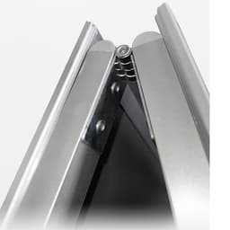 A close-up of an Aluminium A Frame Poster Display Stand, showcasing its metallic finish and hinge mechanism.