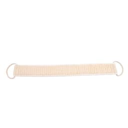 An exfoliating back scrubber in a light beige colour with loops at each end for grip. Features a textured surface.