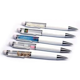 A set of five white movable liquid oil slide pens with clear sections displaying various colourful liquids. Each pen has a clip and chrome accents.