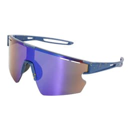 Bold blue sunglasses with a mirrored purple lens and a sporty design, featuring a logo on the side.