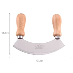 A stainless steel mezzaluna chopper with wooden handles, featuring a curved blade for chopping.