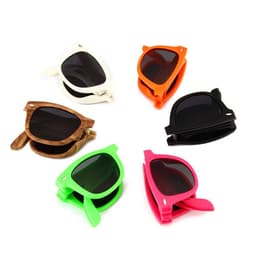 A set of foldable promotional sunglasses in white, orange, brown, pink, and green, featuring dark lenses and a logo.