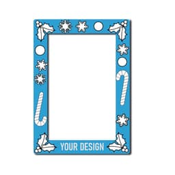 A blue personalised photo fridge magnet frame decorated with snowflakes, holly, candy canes, and circular designs.
